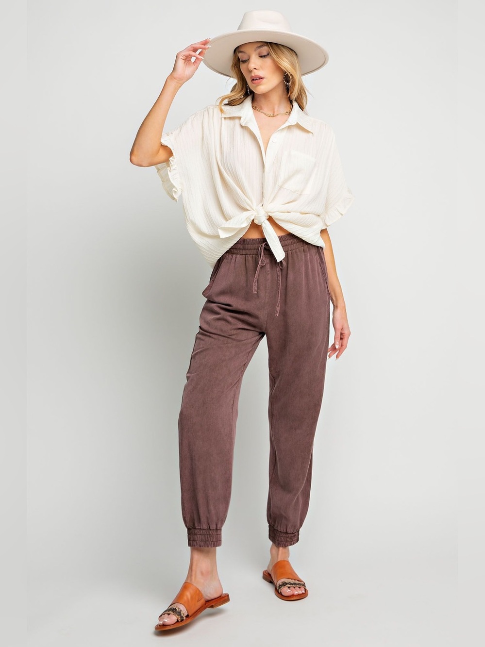Easel Washed Navy Mineral Wash Tencel Jogger Pants Drawstring Eggplant Medium